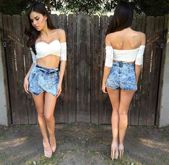 Off Shoulder Lace Crop Top  - White