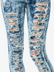 High Waisted ACID Wash Distressed Skinny Denim Jean Pants - Dark