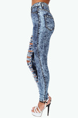 Blue Acid Washed Ripped Jeans - Dark Wash