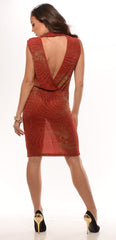 Red Gold Swirl Deep Neck Dress
