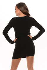 Black Long Sleeve Crossed Exposed Dress