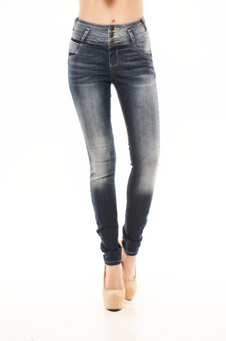 Mid Rise Button Up Skinny Jean - Dark