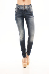 Mid Rise Button Up Skinny Jean - Dark