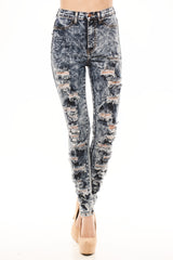 Fully Distressed High Waist Acid Wash Jeans