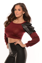 Long Sleeve Leather Shoulder Crop Top