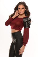 Long Sleeve Leather Shoulder Crop Top
