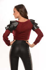 Long Sleeve Leather Shoulder Crop Top