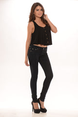 Button Front Sleeves Crop Top- Black