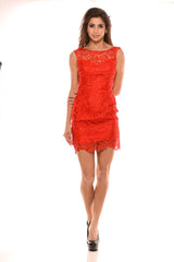 Sleeveless Fully Lace Dress - Red
