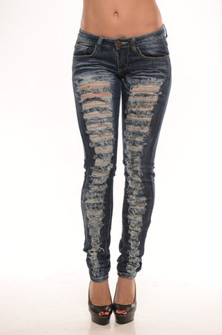 Low Rise Destroyed Skinny Jeans - Dark