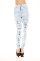 High Waisted Distressed ACID Wash Denim - Ice Blue