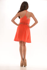 Lace Button Halter Dress Tomato Red