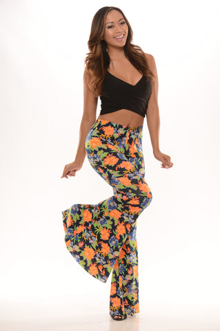 Fun Floral Flare Pants - Navy/Orange