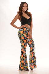 Fun Floral Flare Pants - Navy/Orange