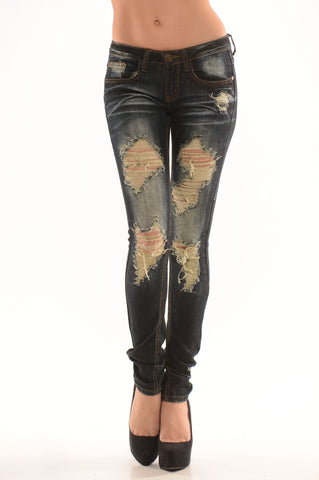 Dark Wash Destroyed Skinny Jeans - Dark Wash