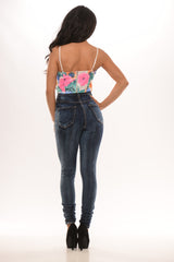 Tropical Floral Print Crop Top - White/Pink