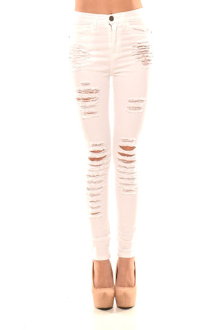Distressed High Rise Skinny Jeans - White