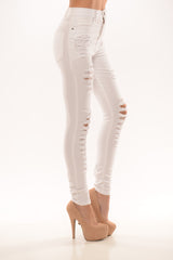 Distressed High Rise Skinny Jeans - White