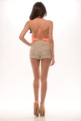 Spaghetti Strap Ruffle Romper - Neon Coral/Beige