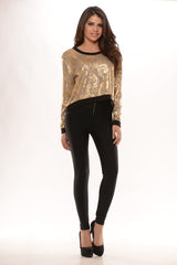 Long Sleeve Foil Print Top - Taupe/Gold
