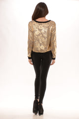 Long Sleeve Foil Print Top - Taupe/Gold