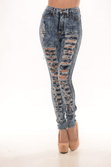 High Waisted ACID Wash Distressed Skinny Denim Jean Pants - Dark