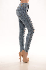High Waisted ACID Wash Distressed Skinny Denim Jean Pants - Dark