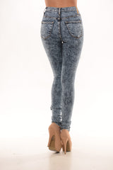 High Waisted ACID Wash Distressed Skinny Denim Jean Pants - Dark