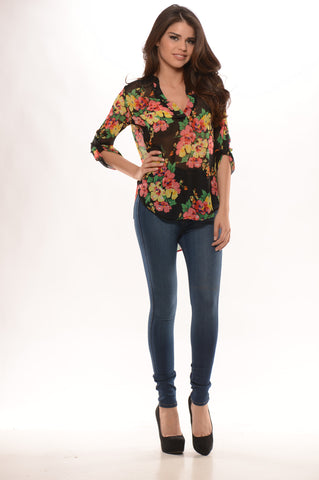 Floral print chiffon top- Black