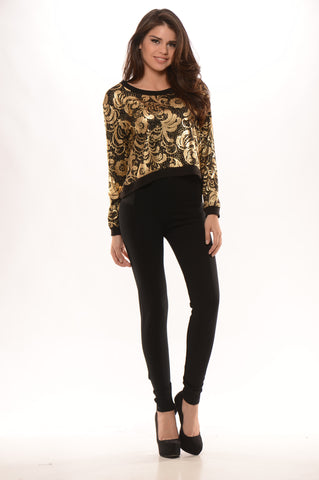 Long Sleeve Foil Print Top - Black/Gold