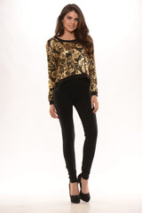 Long Sleeve Foil Print Top - Black/Gold