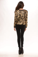 Long Sleeve Foil Print Top - Black/Gold