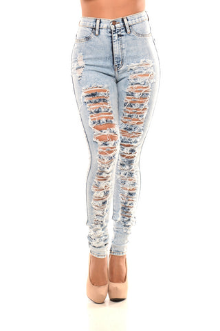 High Waisted ACID Wash Distressed Skinny Denim Jean Pants - Light