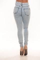 High Waisted ACID Wash Distressed Skinny Denim Jean Pants - Light