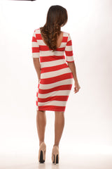 Elbow Sleeve Striped Midi Dress - Red