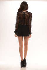 Lace Sleeve and Back Romper - Black