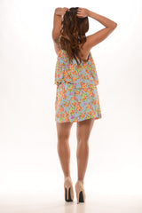 Floral Print Double Flow Dress - Blue