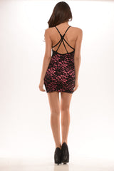 Flower Lace Deep V Neck Dress With Back Strap Detail - Black/Neon Pink