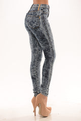 High Waisted Acid Wash Skinny Denim Jean Pants - Dark Wash