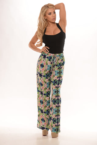Guaze Print Long Pants - Navy
