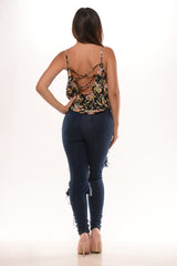 Double X Back Floral Top- Black