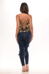 Double X Back Floral Top- Black