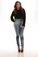 High Waist Round Back Pocket & Whisker Detail