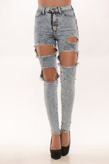 Distressed High Waist Pants - Light Blue