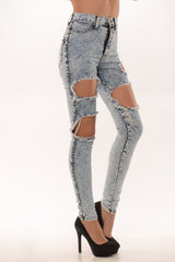 Distressed High Waist Pants - Light Blue