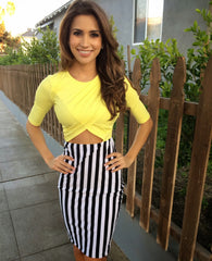 Elbow Sleeve Vertical Stripe Dress - Yellow