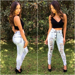 High Waisted ACID Wash Distressed Skinny Denim Jean Pants - Light