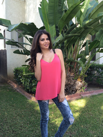 V Neck Contrast Strap Top - Watermelon