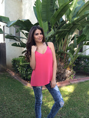 V Neck Contrast Strap Top - Watermelon