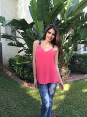 V Neck Contrast Strap Top - Watermelon